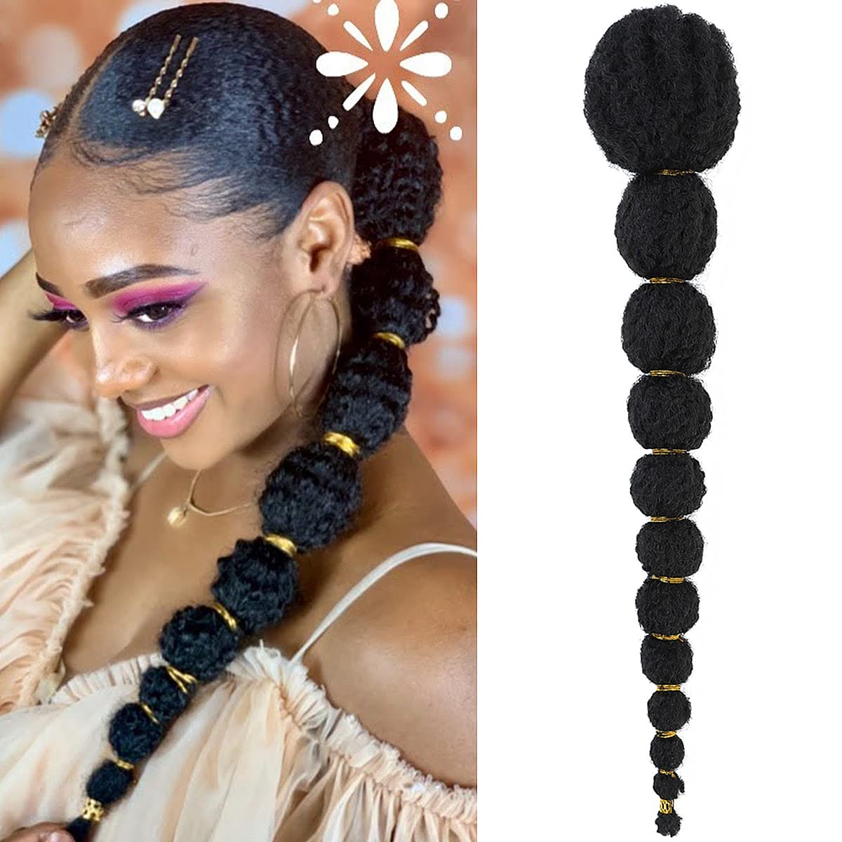 Matriarchs kinky Afro bubble ponytail 18in drawstring for quick, secure wear.