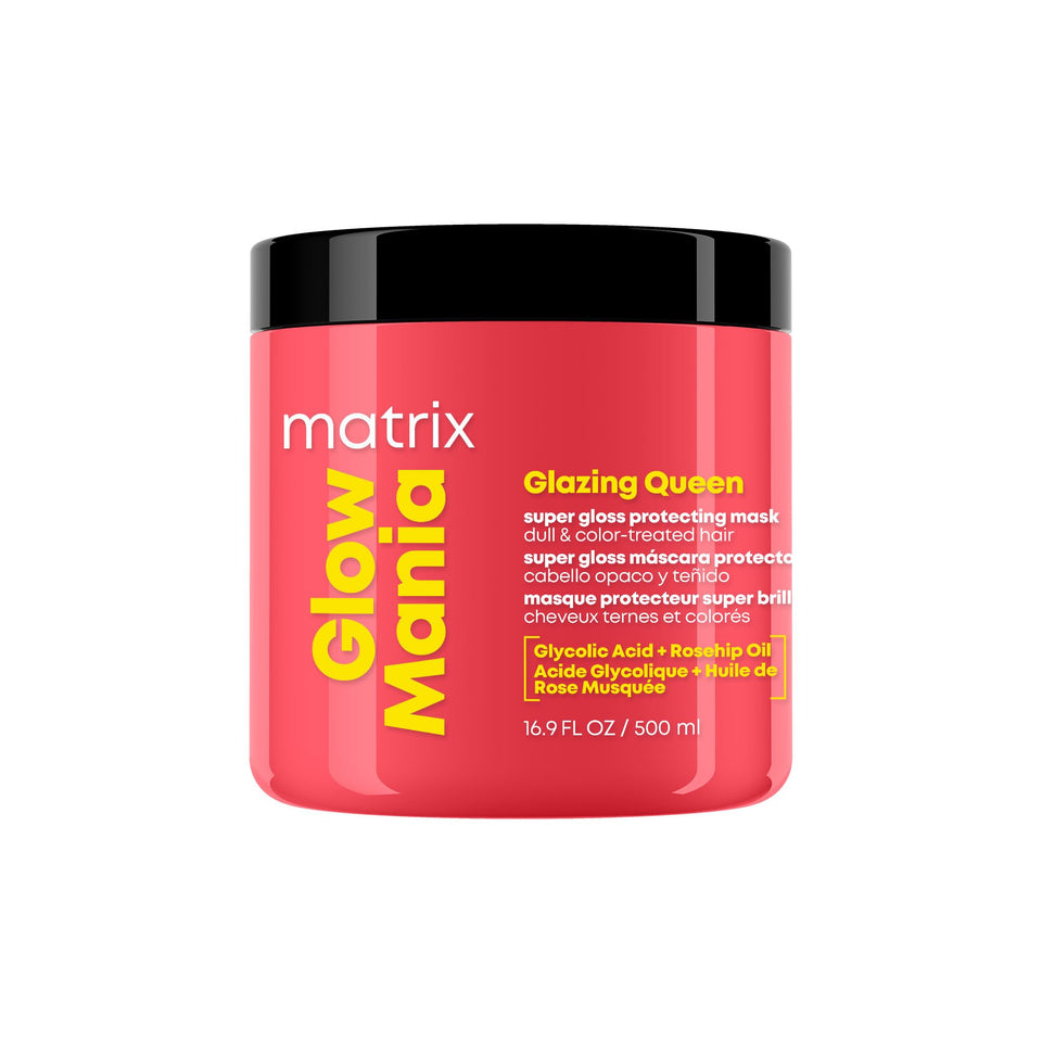 Matrix Glow Mania Mask packaging highlights premium salon formula for color-treated hair.