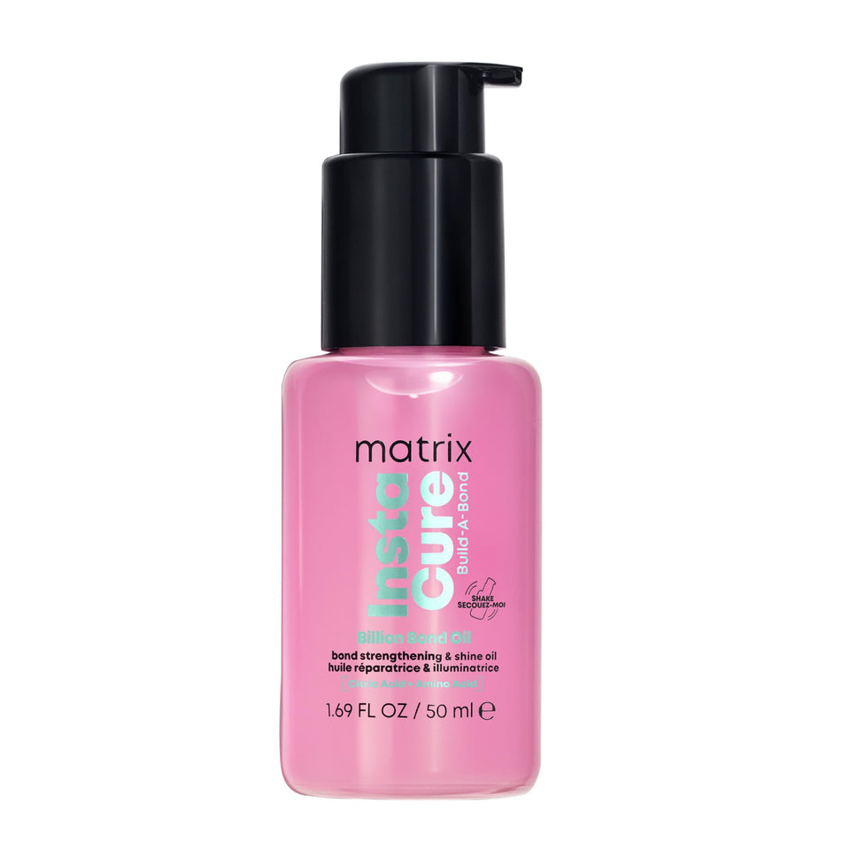 Matrix Instacure Billion Bond Oil bottle focus showing bond repair for damaged hair.