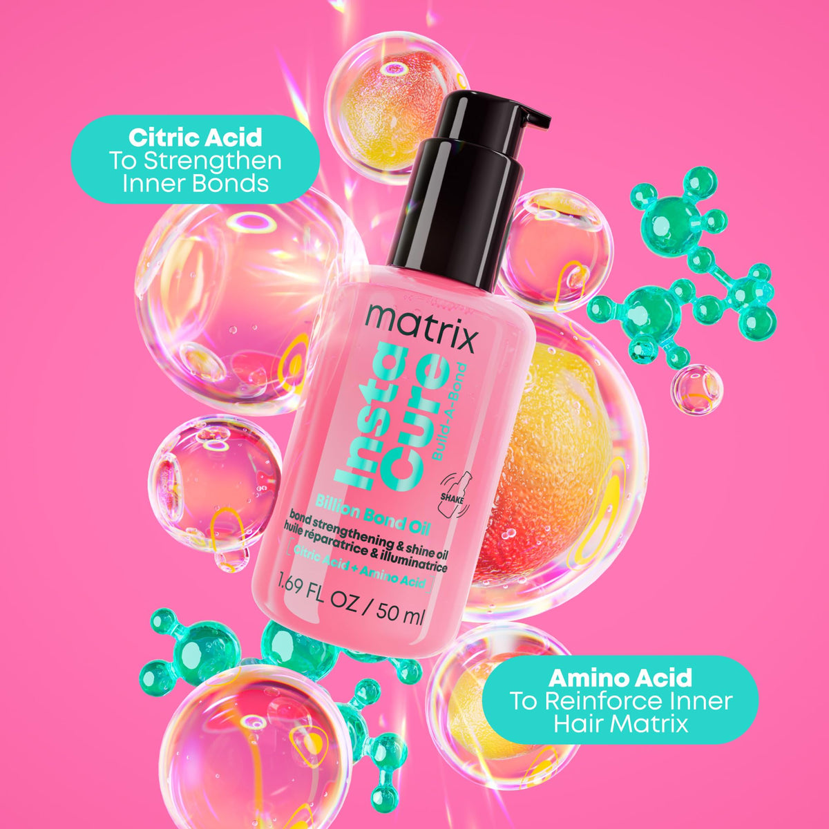 Matrix Instacure ingredients label with citric acid and amino acids for strengthening.