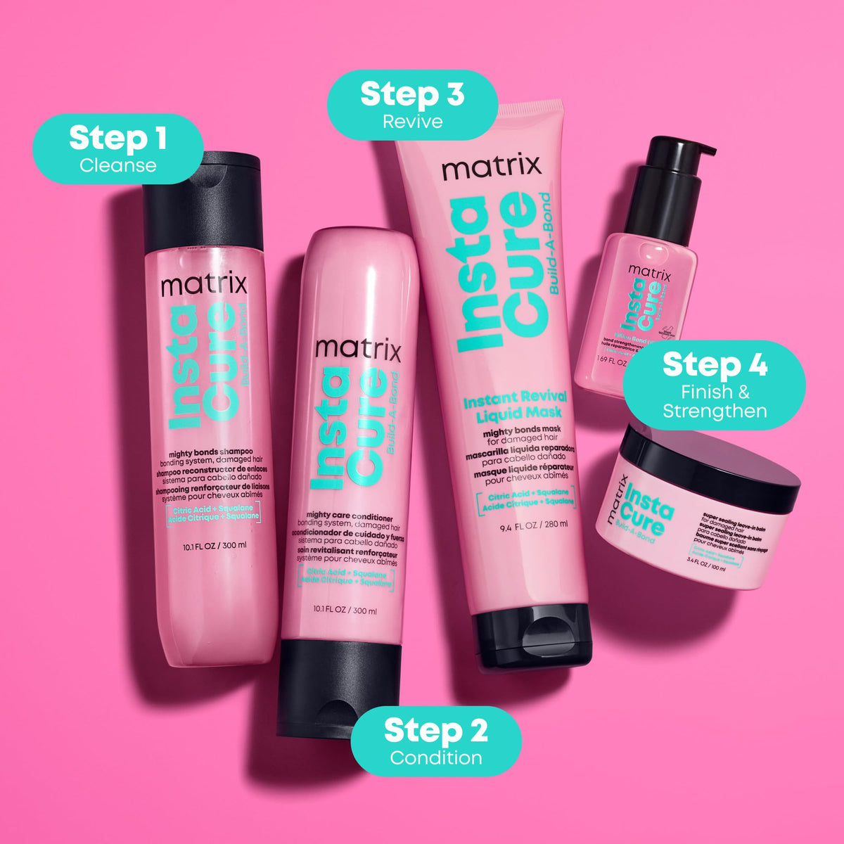 Matrix Instacure bottle close-up showing frizz control and clean shine.