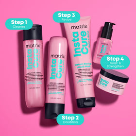 Matrix Instacure bottle close-up showing frizz control and clean shine.