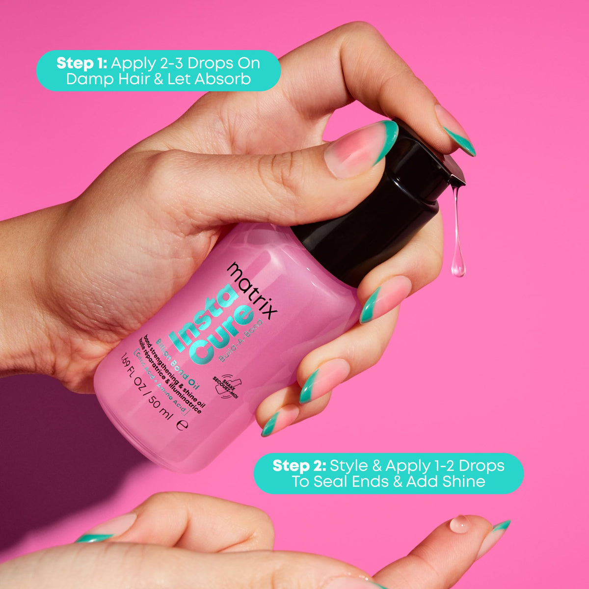 Matrix Instacure oil on all hair types delivering lightweight shine.