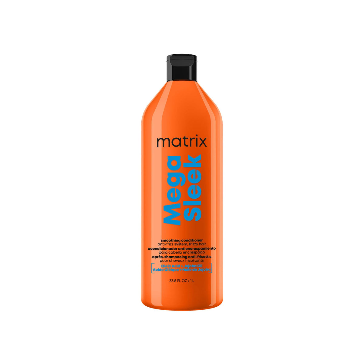 Matrix Mega Sleek conditioner bottle pour demonstrates 96H frizz control in humidity.