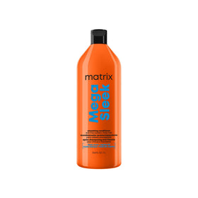 Matrix Mega Sleek conditioner bottle pour demonstrates 96H frizz control in humidity.