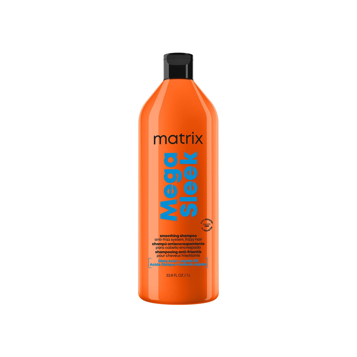 Matrix Mega Sleek Shampoo bottle demonstrates 96H frizz control in humidity.