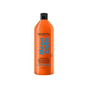 Matrix Mega Sleek Shampoo bottle demonstrates 96H frizz control in humidity.