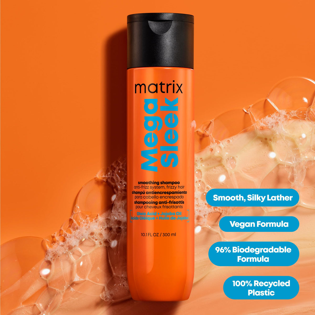 Matrix Mega Sleek Shampoo package emphasizes color-safe professional care.