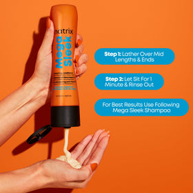 Matrix Mega Sleek system shampoo bottle beside conditioner.