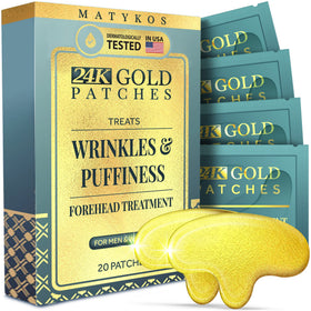 Matykos forehead patches on display, gold sachets for at-home care