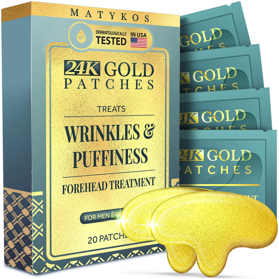 Matykos forehead patches on display, gold sachets for at-home care
