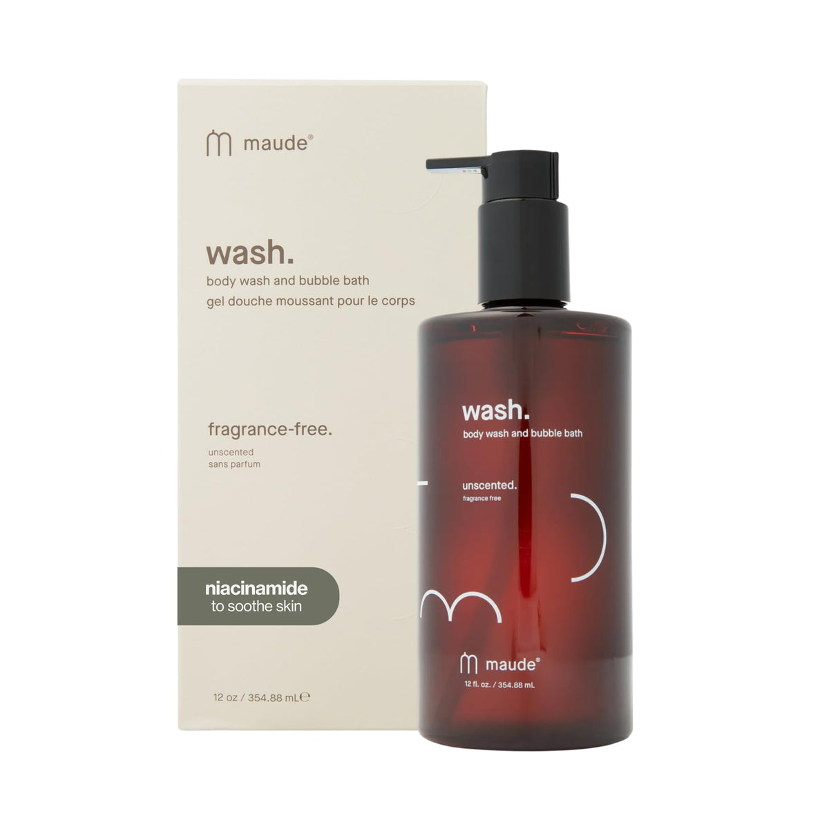 Maude Wash unscented bottle pour shows gentle, pH-balanced cleansing.