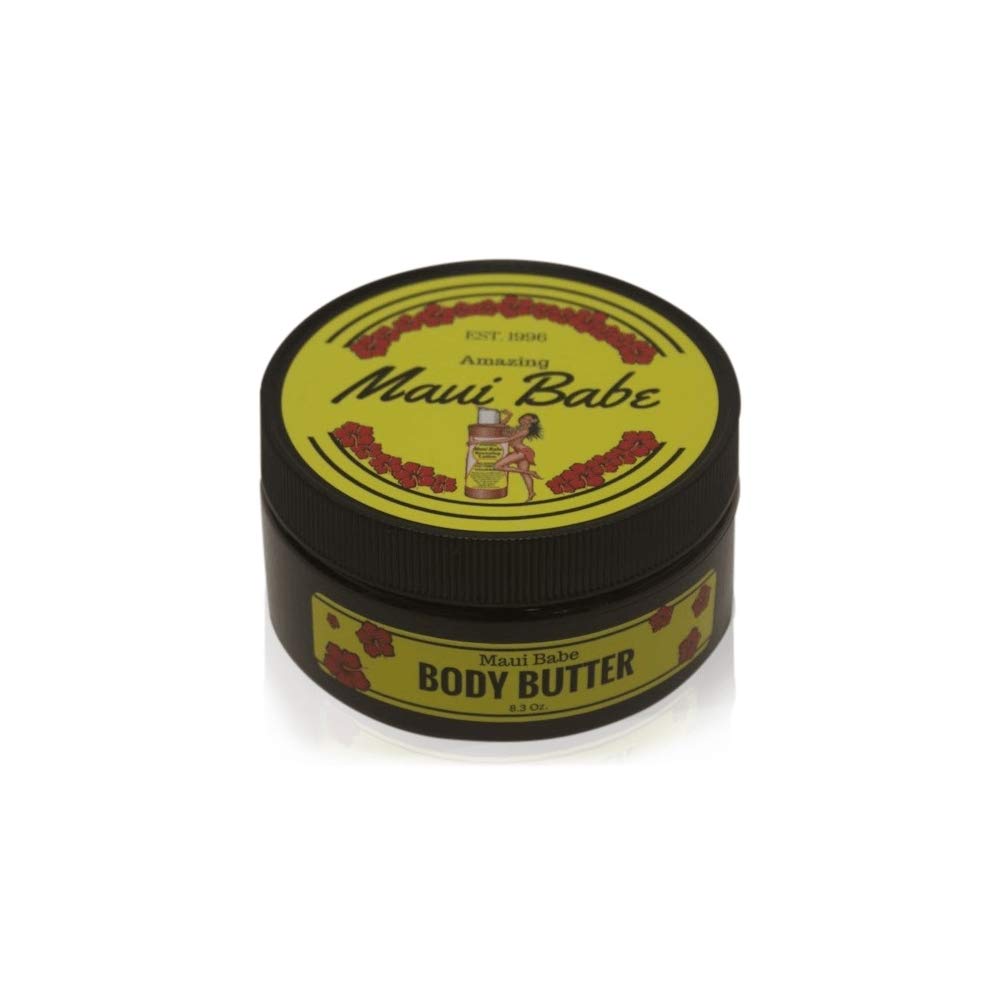 Maui Babe Body Butter tub in 8oz jar, smooth hydration for dry skin.