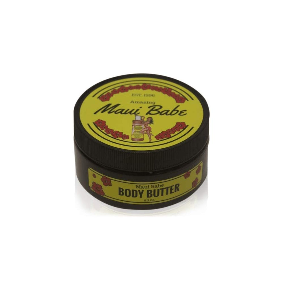 Maui Babe Body Butter tub in 8oz jar, smooth hydration for dry skin.