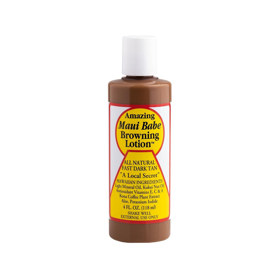 Maui Babe Browning Lotion bottle showing natural tan and skin moisture.