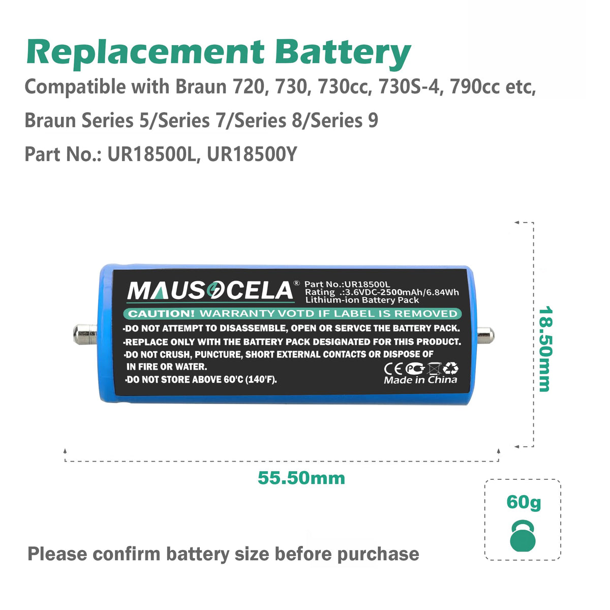 MAUSOCELA Braun Series 5-9 battery pack technical specs reveal 2500mAh capacity.