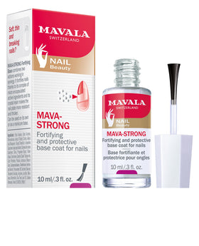 MAVALA Mava-Strong Fortifying Base Coat bottle demonstrates strong, fortified nails.
