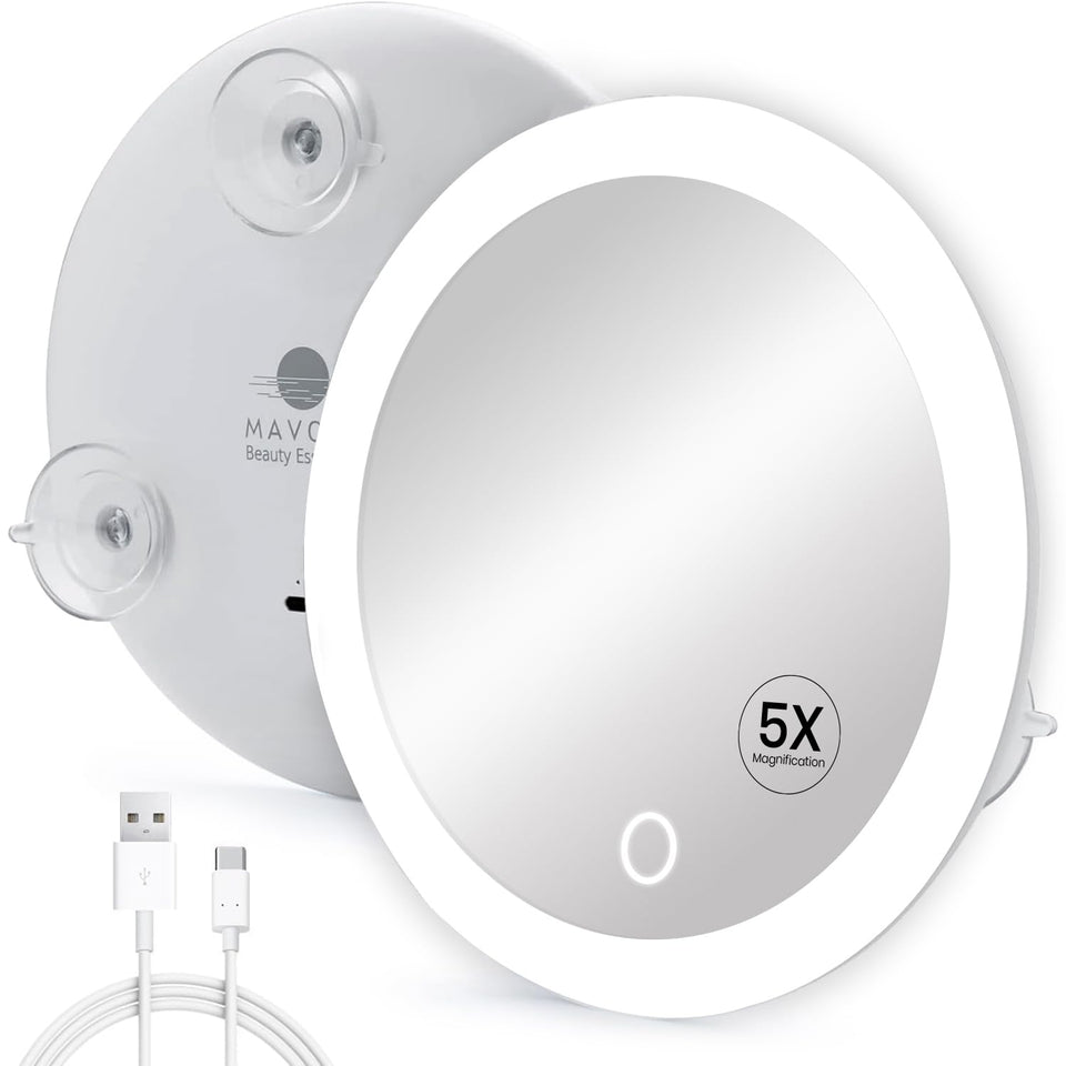 Mavoro 6.8-inch LED magnifying mirror with triple suction cups for secure mounting.