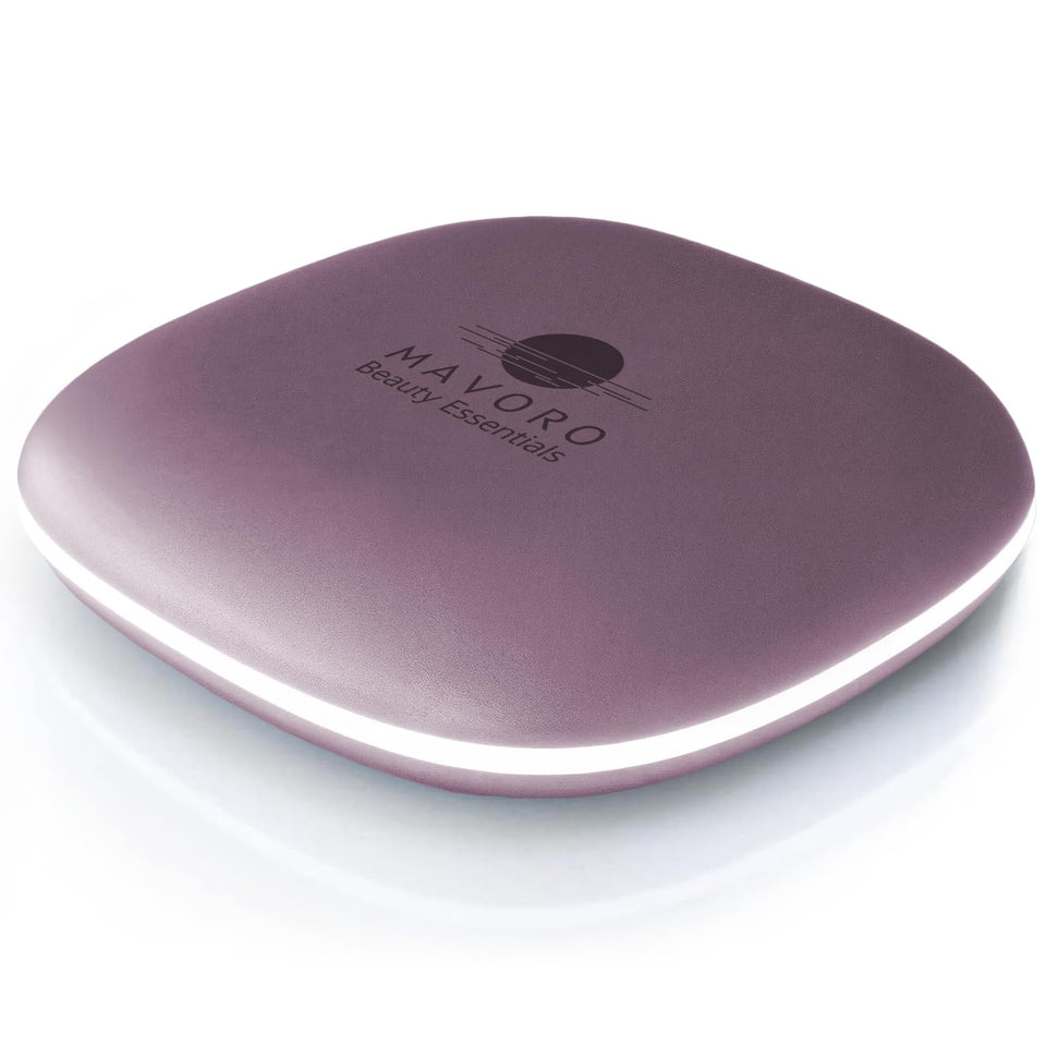Mavoro LED travel mirror with 1x/10x zoom in violet mist for precise grooming on the go.
