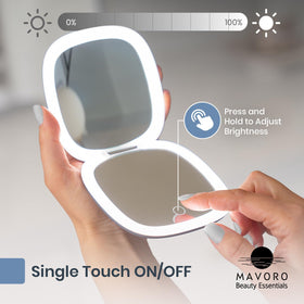 Mavoro LED travel makeup mirror open with light on for precise grooming.