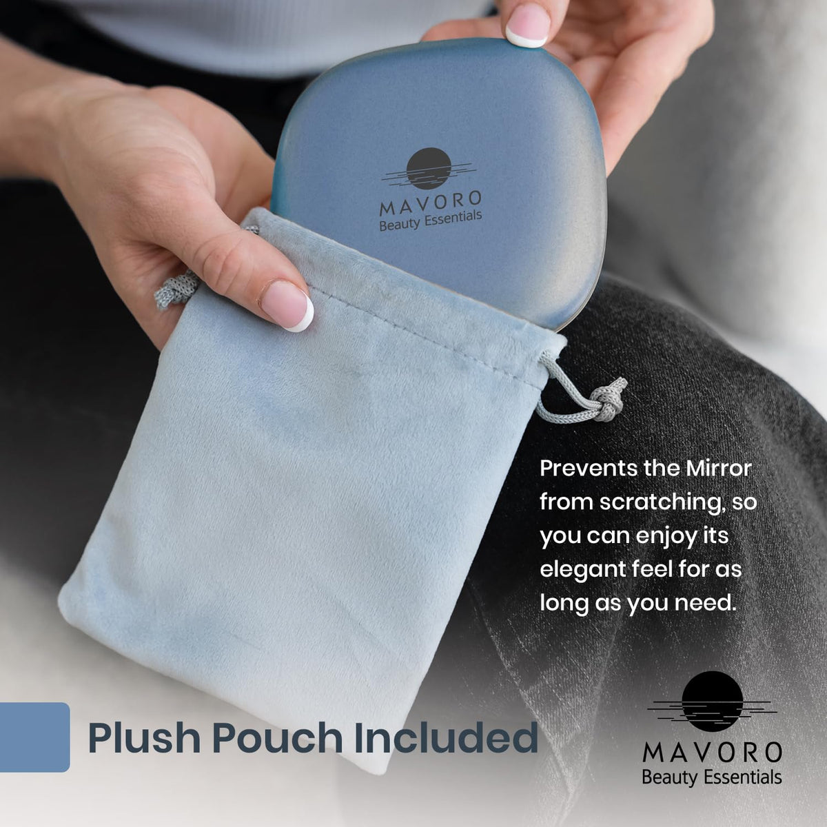 Mavoro LED travel makeup mirror lightweight and compact for purse carry.