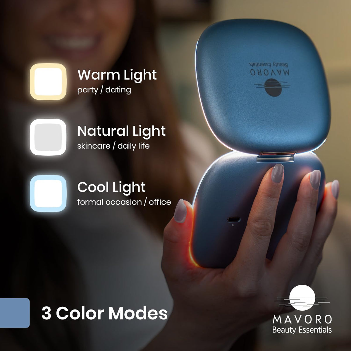 Mavoro LED travel makeup mirror with natural skylight LED lighting for color accuracy.