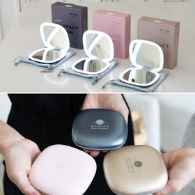 Mavoro Heavenly Pink LED travel mirror with skylight LEDs for color accuracy.