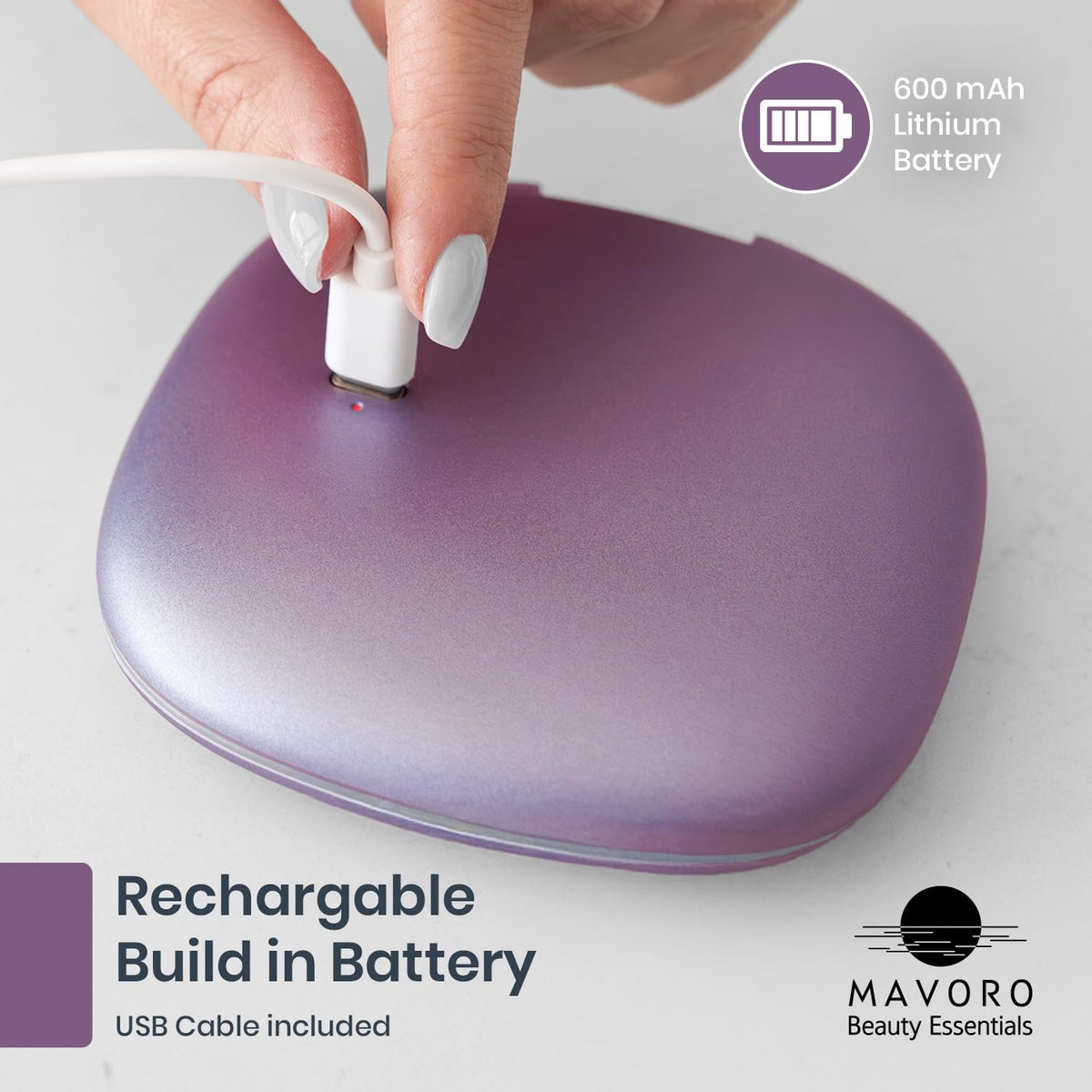 Mavoro USB-C rechargeable mirror with touch sensor for easy brightness control on demand.