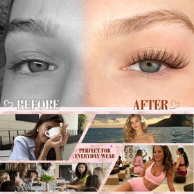 Mavphnee brown lash clusters closeup—soft brown tint blends with light hair.