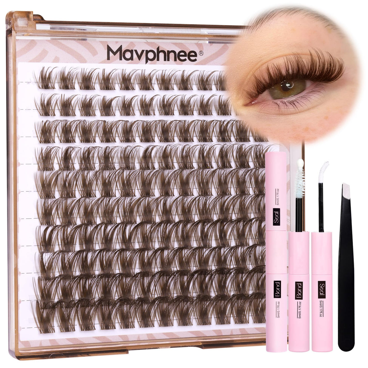 Mavphnee Brown Lash Clusters Kit close-up showing natural color blend for subtle enhancement