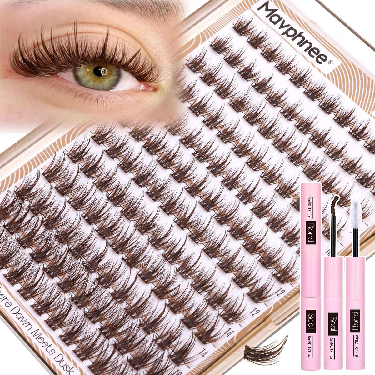 Mavphnee Brown Lash Clusters Kit packaging shows natural daily look inspiration