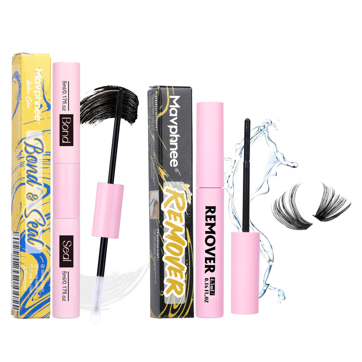 Mavphnee lash bond-seal kit application shows precise brush-on action for DIY lashes