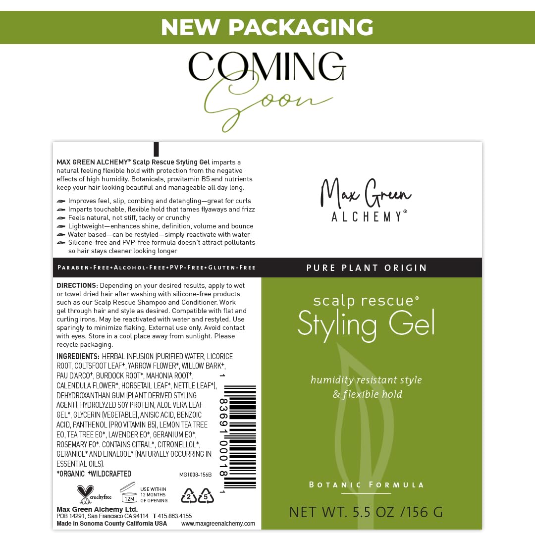 Max Green Alchemy alcohol-free hair gel in use shows gentle, non-crunchy hold.