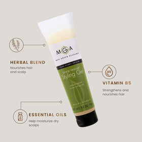 Max Green Alchemy humidity-shield botanicals gel close-up shows frizz control without stiffness.