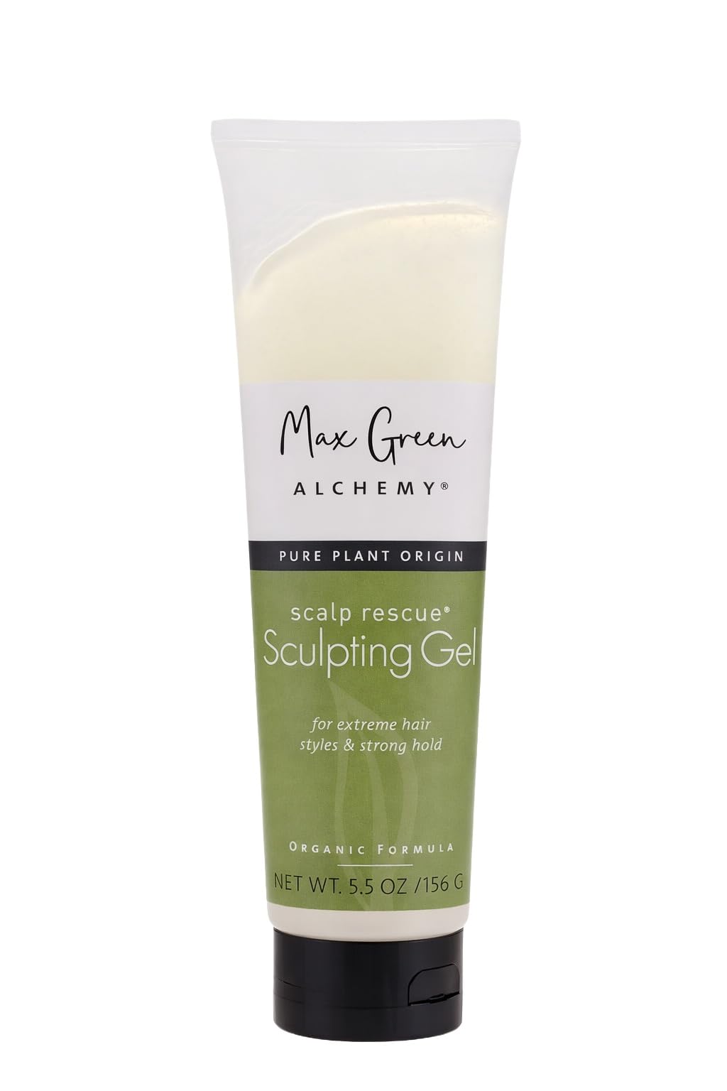 Max Green Alchemy MGA Vegan Sculpting Hair Gel tube front for color-safe, lasting hold.