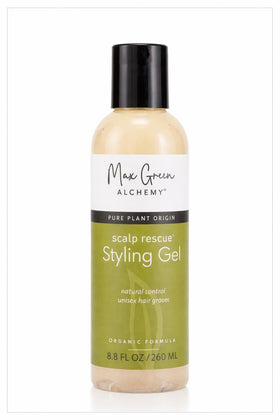 Max Green Alchemy Scalp Rescue styling gel bottle offers flexible hold.