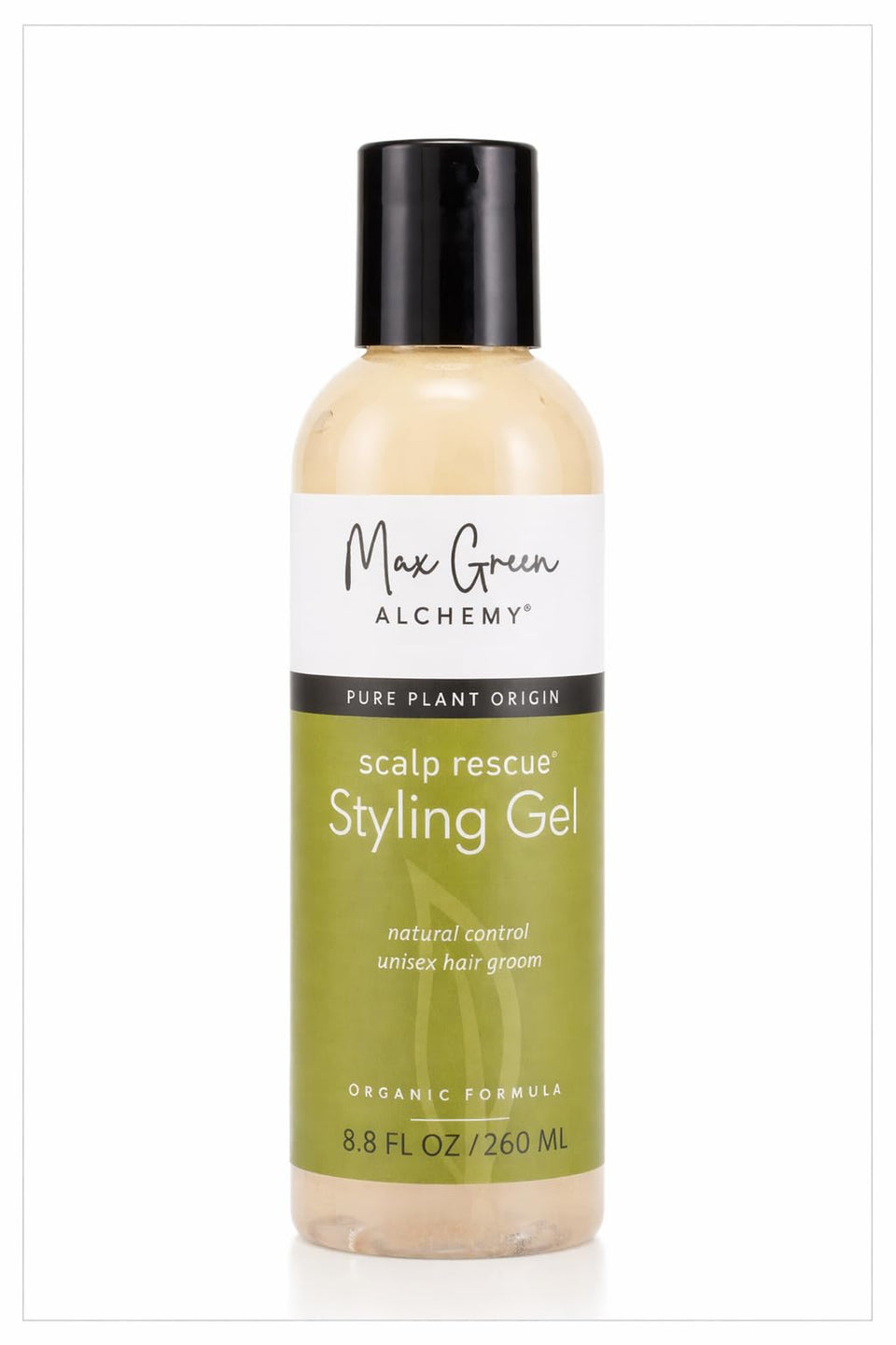Max Green Alchemy Scalp Rescue styling gel bottle offers flexible hold.