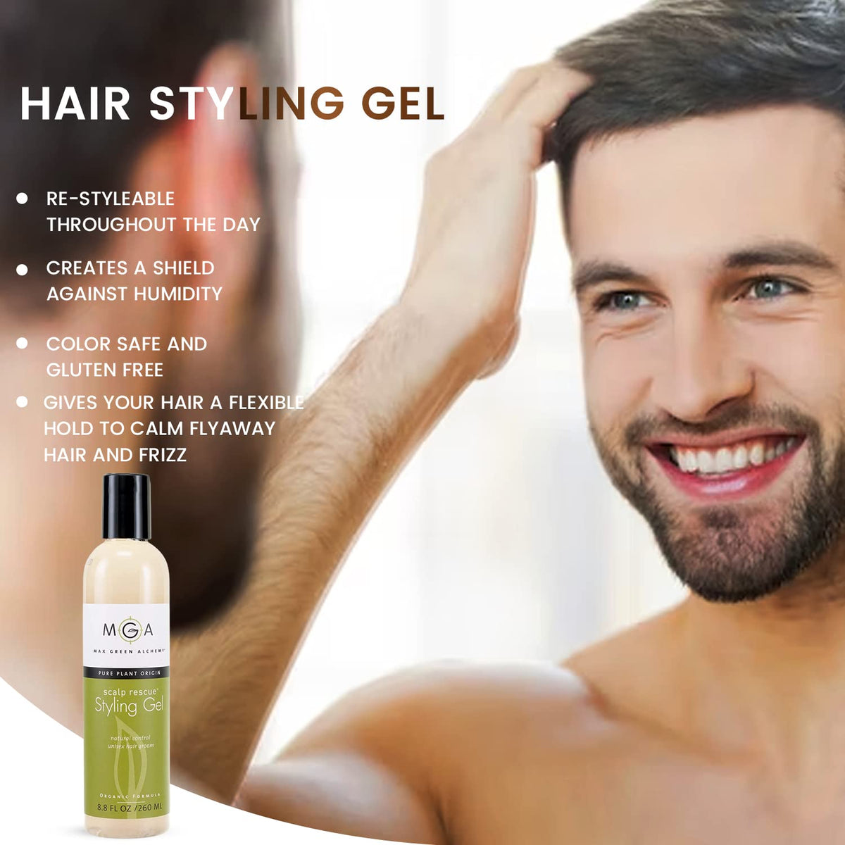 Scalp Rescue gel being smoothed for flexible styling by Max Green Alchemy.