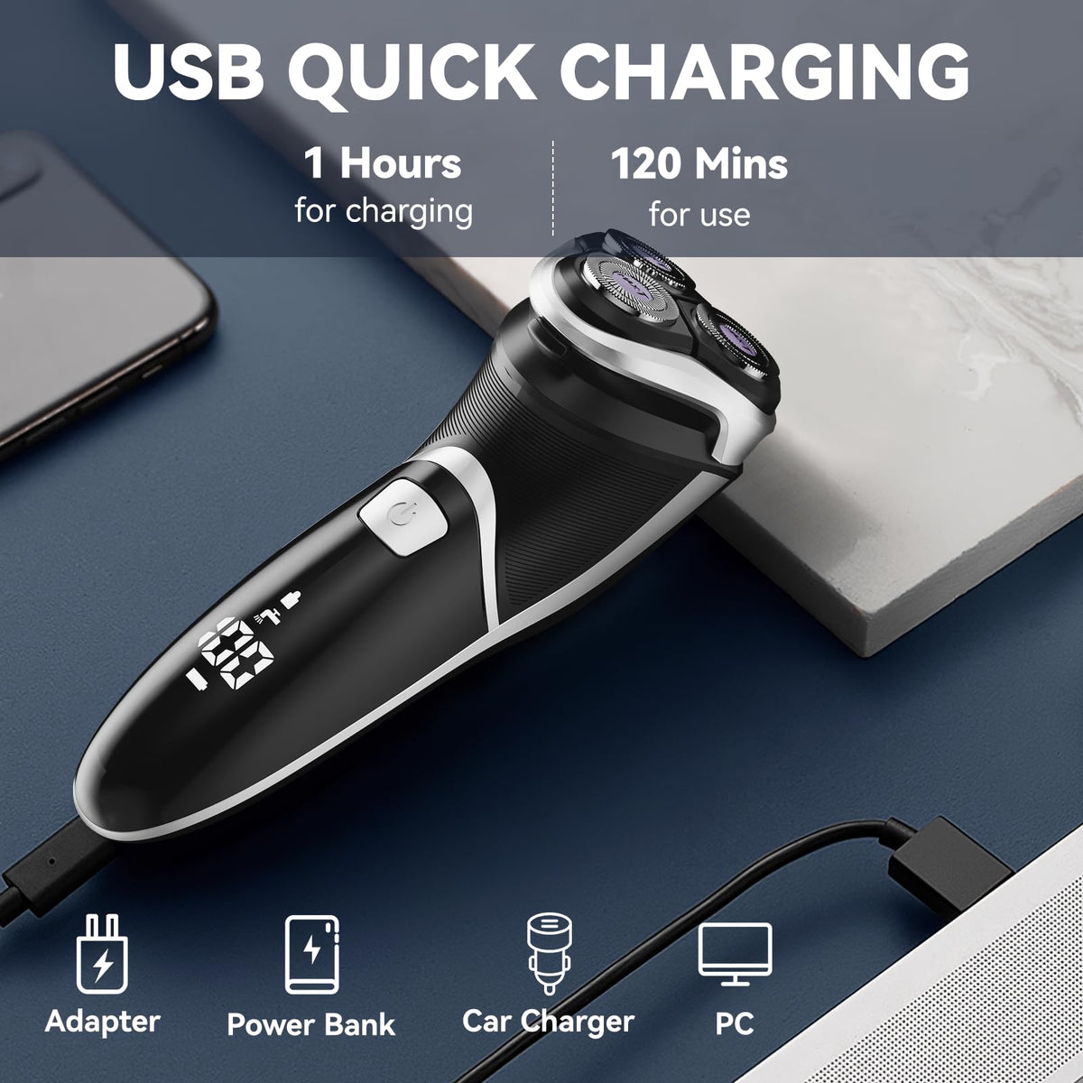 MAX-T shaver LED display shows battery and charging status