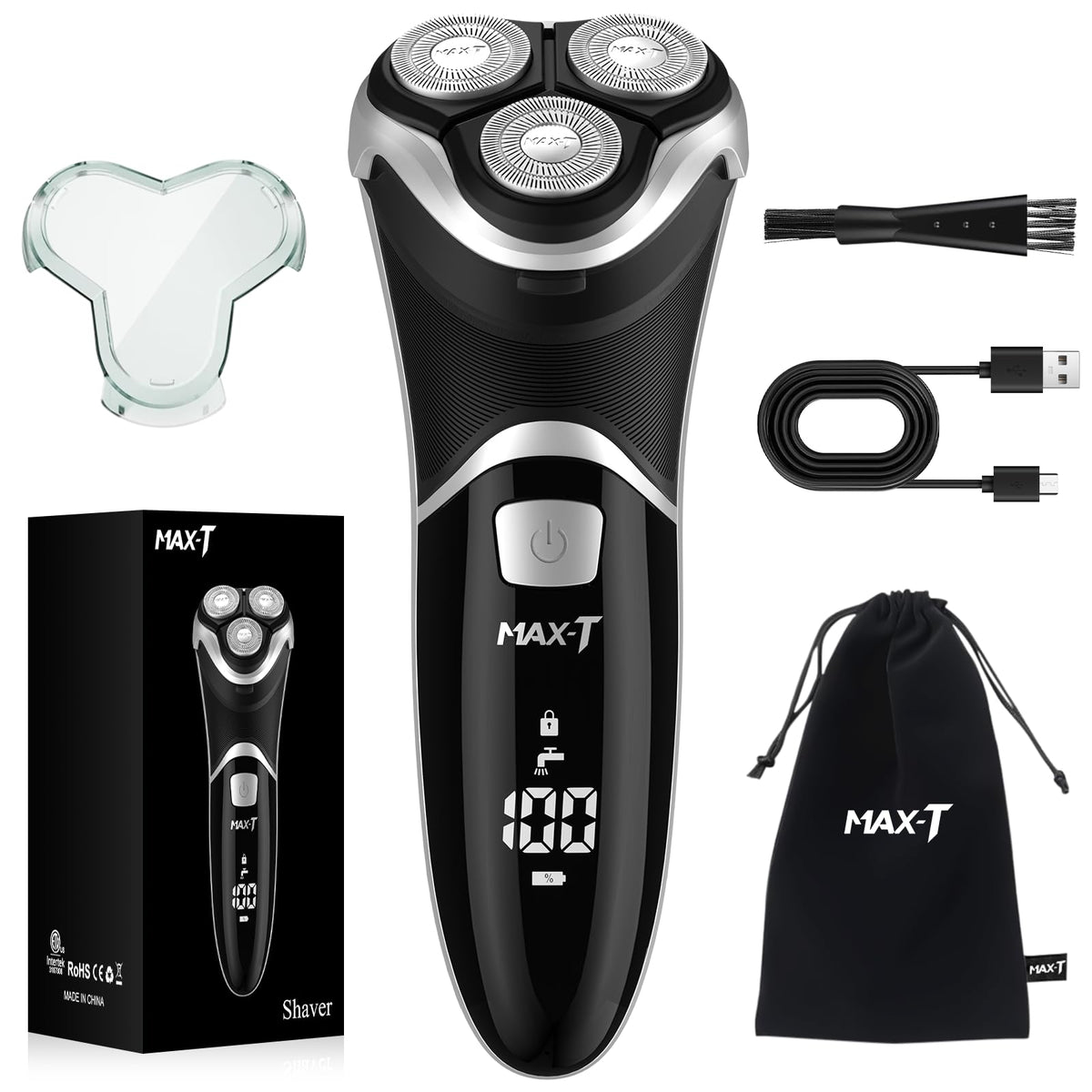 MAX-T men's electric shaver with a 3D rotary head for a close, comfortable shave