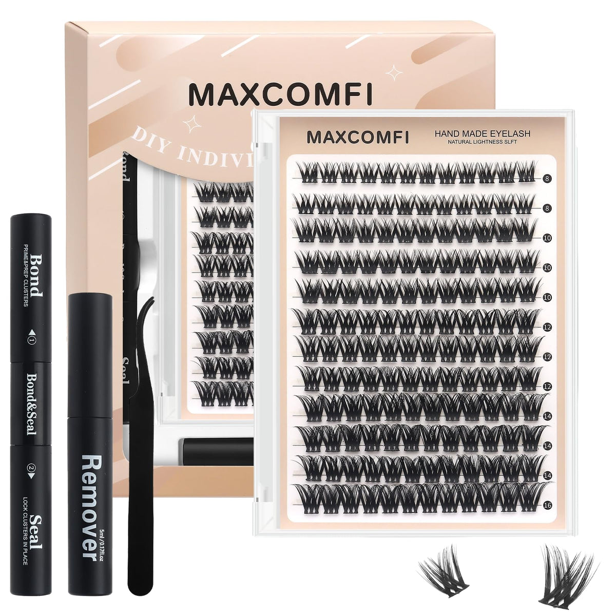Maxcomfi Lash Clusters Kit packaging displays a complete at-home set for salon-ready results.
