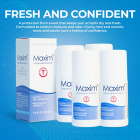 MAXIM antiperspirant roll-on application for quick, convenient use.