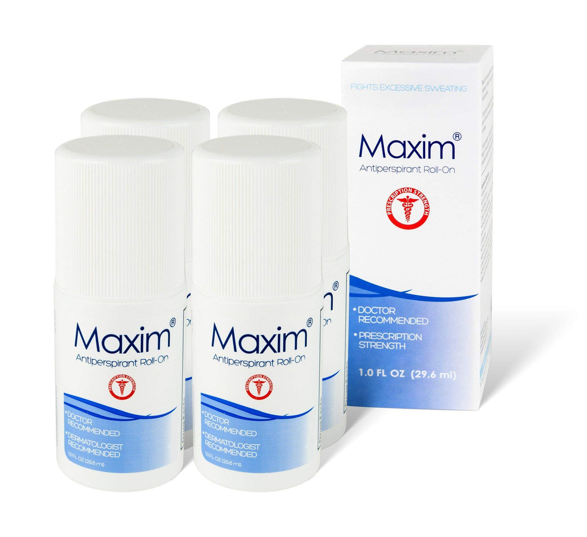 MAXIM clinical-strength deodorant bottle demonstrates long-lasting sweat control.