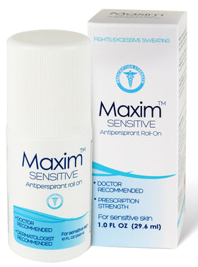 MAXIM Sensitive roll-on bottle showing quick sweat protection for everyday wear.