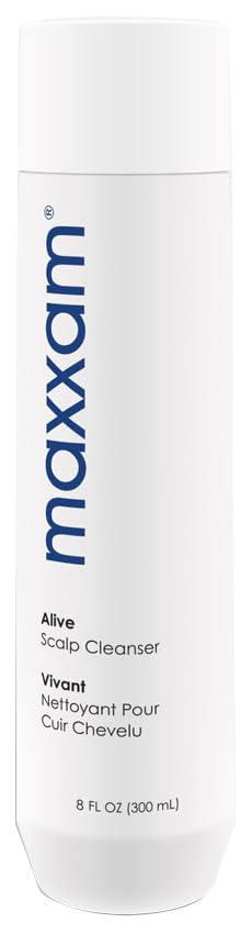 Maxxam Alive cleansing shampoo bottle shown, promoting a fresh scalp and clean, vibrant hair.