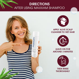 Maxxam Alive cleansing shampoo scalp massage demonstrates soothing care during routine.