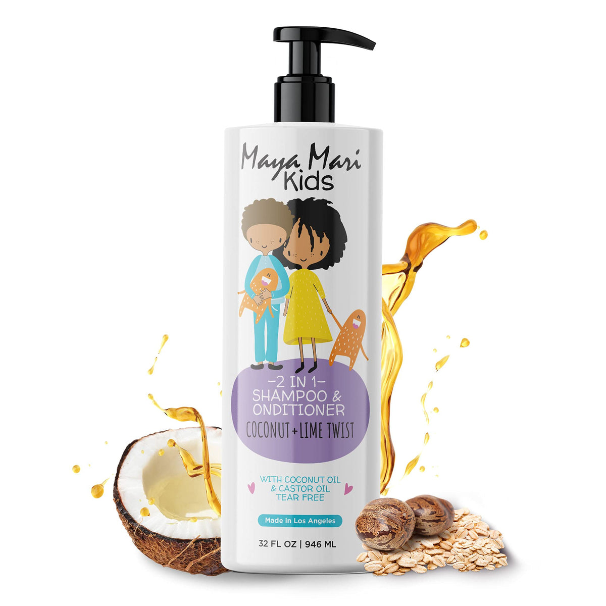 MAYA MARI 2-in-1 bottle pour demonstrates tear-free cleansing for kids' hair.