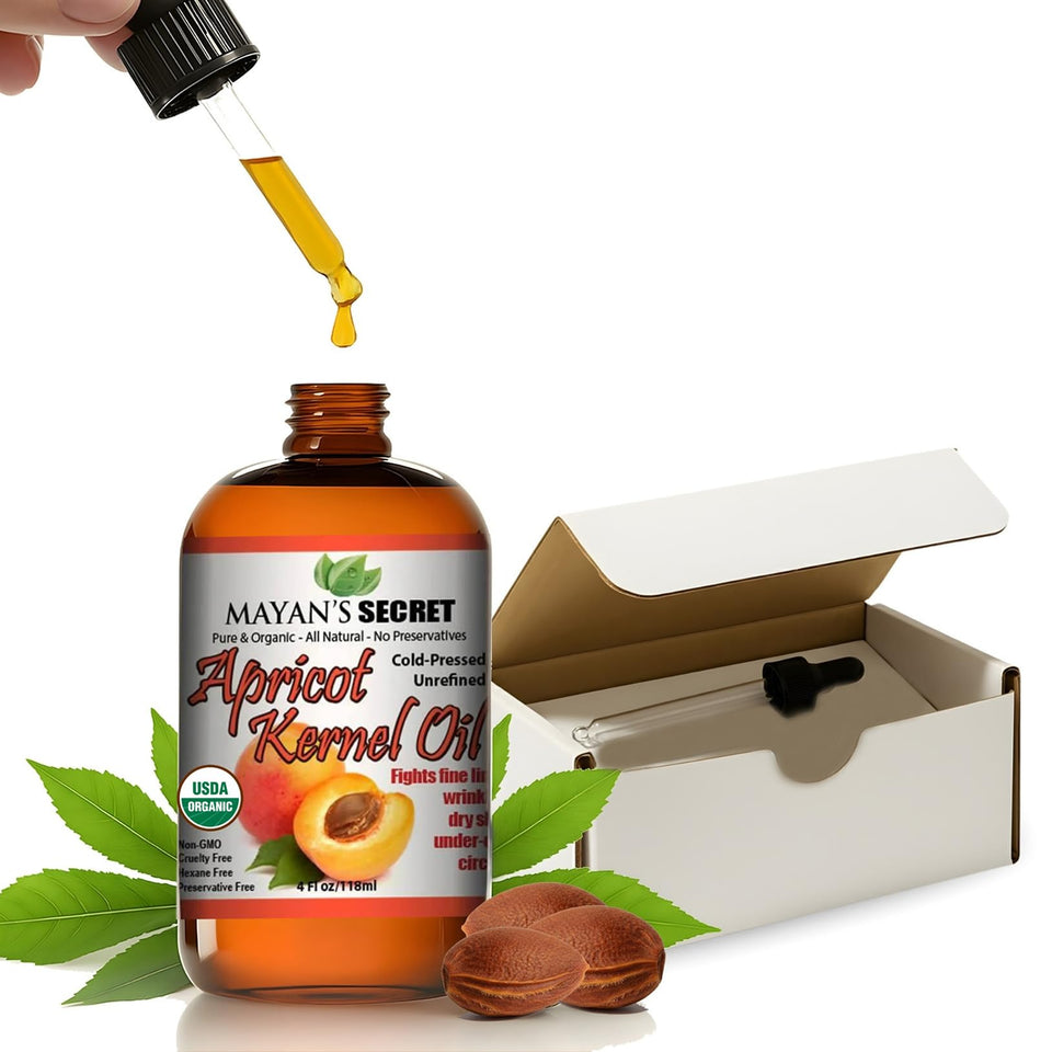 Mayan’s Secret apricot oil bottle with dropper for precise, mess-free application