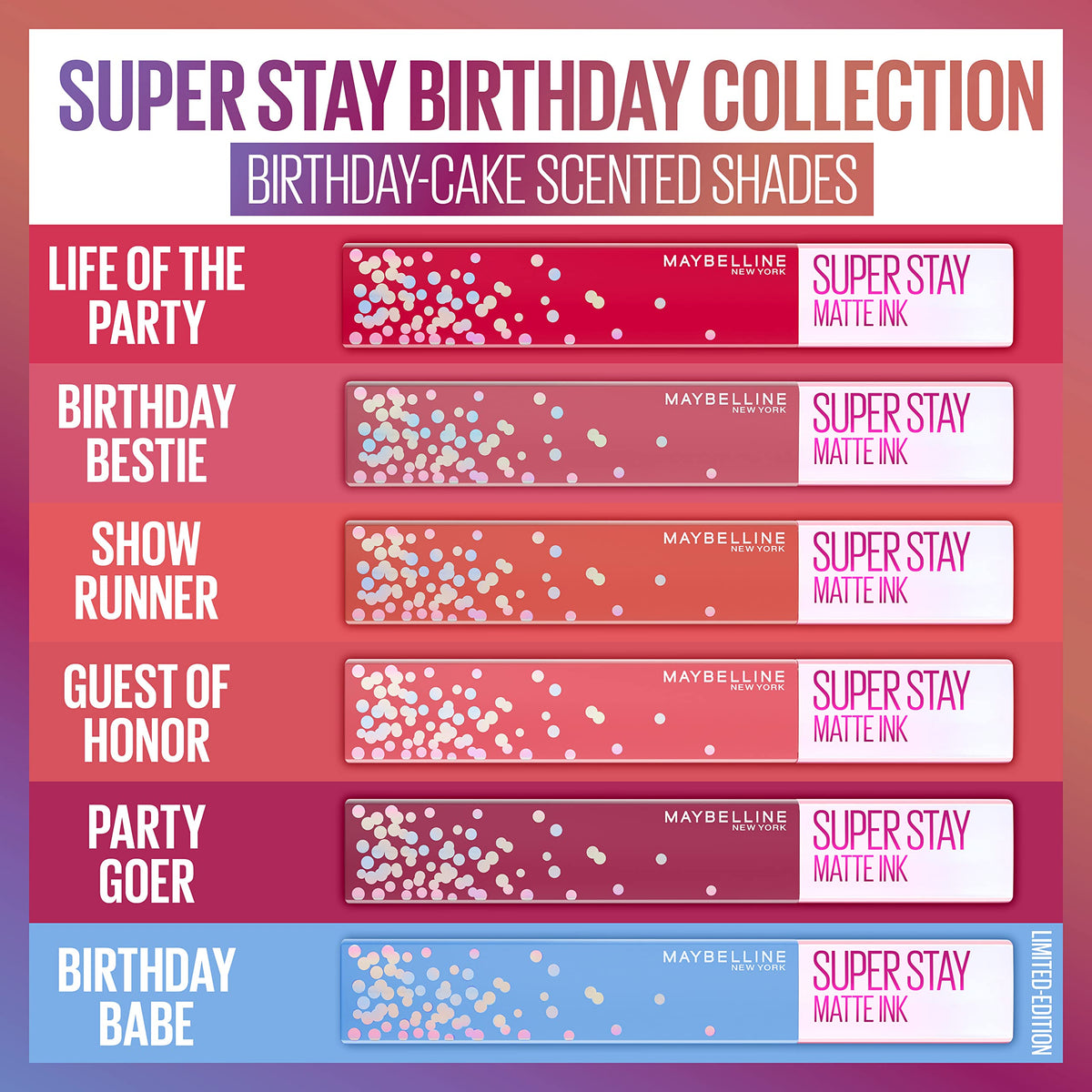 Maybelline birthday edition packaging display highlights limited shades.