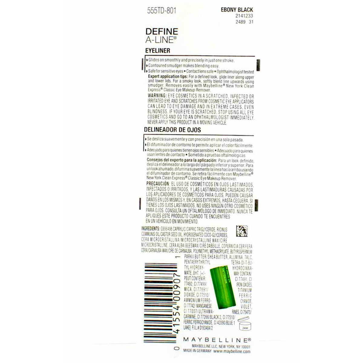 Close-up of Maybelline Define-A-Line Ebony Black 801 applying along lash line